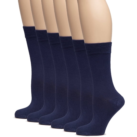 HUGH UGOLI Women's Bamboo Soft Crew Socks for Dress & Trouser, Thin, Seamless Toe & Non-Binding, 6 Pairs, Navy Blue, Shoe Size: 5-8