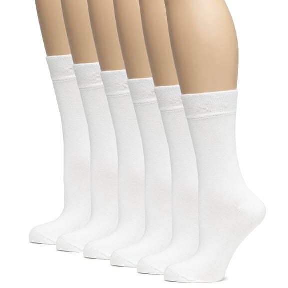 HUGH UGOLI Women's Bamboo Soft Crew Socks for Dress & Trouser, Thin, Seamless Toe & Non-Binding, 6 Pairs, White, Shoe Size: 5-8