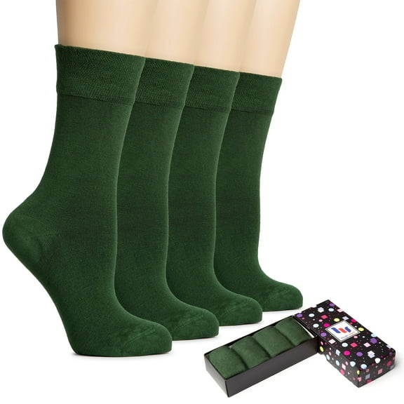 HUGH UGOLI Women's Bamboo Thin Crew Socks for Dress Business & Trouser, Seamless Toe, 4 Pairs in Gift Box, Shoe Size 5-8/8-11, Army Green, Shoe Size: 5-8