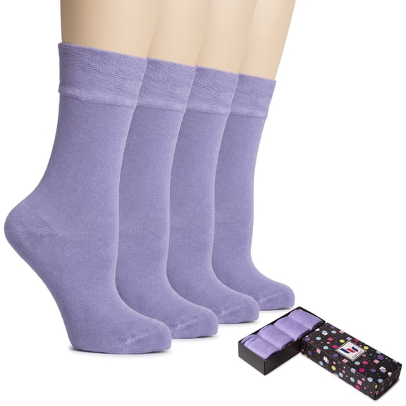 HUGH UGOLI Women's Bamboo Thin Crew Socks for Dress Business & Trouser, Seamless Toe, 4 Pairs in Gift Box, Shoe Size 5-8/8-11, Aster Purple, Shoe Size: 5-8