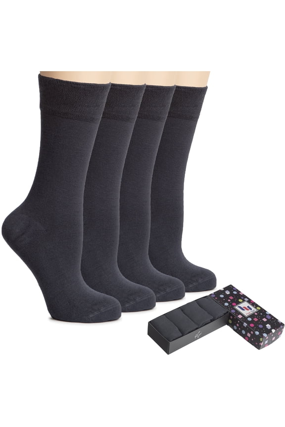 Women's Bamboo Thin Crew Socks for Dress Business & Trouser, Seamless Toe, 4 Pairs in Gift Box, Shoe Size 5-8/8-11, Charcoal Grey, Shoe Size: 8-11