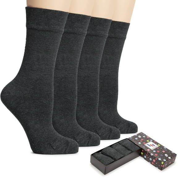 HUGH UGOLI Women's Bamboo Thin Crew Socks for Dress Business & Trouser, Seamless Toe, 4 Pairs in Gift Box, Shoe Size 5-8/8-11, Charcoal, Shoe Size: 8-11