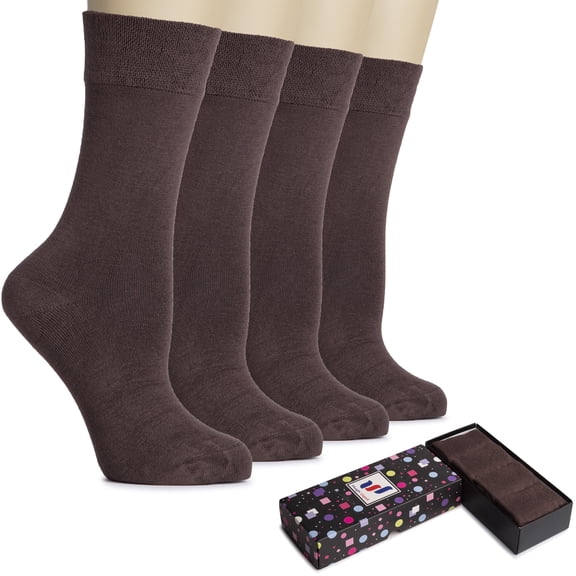 HUGH UGOLI Women's Bamboo Thin Crew Socks for Dress Business & Trouser, Seamless Toe, 4 Pairs in Gift Box, Shoe Size 5-8/8-11, Light Brown, Shoe Size: 8-11