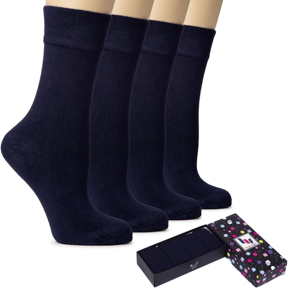 HUGH UGOLI Women's Bamboo Thin Crew Socks for Dress Business & Trouser, Seamless Toe, 4 Pairs in Gift Box, Shoe Size 5-8/8-11, Navy Blue, Shoe Size: 5-8