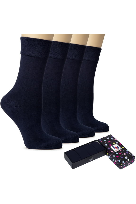 Women's Cotton Dress Socks for Business and Trouser, Thin Crew Socks, Seamless Toe, 4 Pairs with Luxury Gift Box, Navy Blue, Shoe Size: 8-11