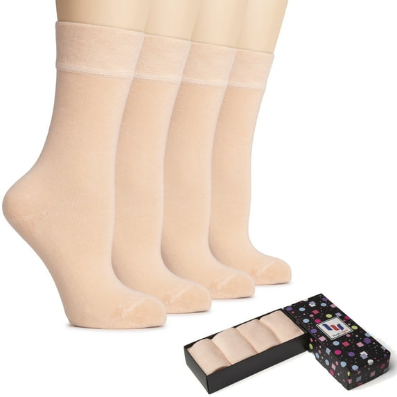 HUGH UGOLI Women's Bamboo Thin Crew Socks for Dress Business & Trouser, Seamless Toe, 4 Pairs in Gift Box, Shoe Size 5-8/8-11, Peach Rose, Shoe Size: 5-8