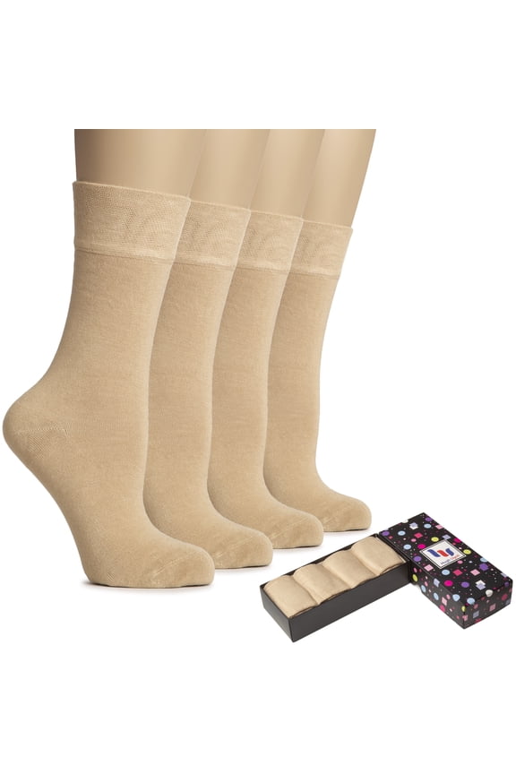 Women's Bamboo Thin Crew Socks for Dress Business & Trouser, Seamless Toe, 4 Pairs in Gift Box, Shoe Size 5-8/8-11, Beige, Shoe Size: 8-11