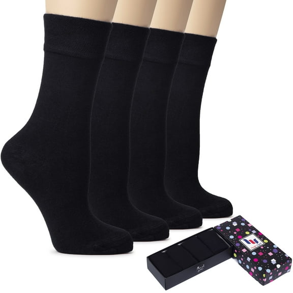 HUGH UGOLI Women's Bamboo Thin Crew Socks for Dress Business & Trouser, Seamless Toe, 4 Pairs in Gift Box, Shoe Size 5-8/8-11, Black, Shoe Size: 8-11