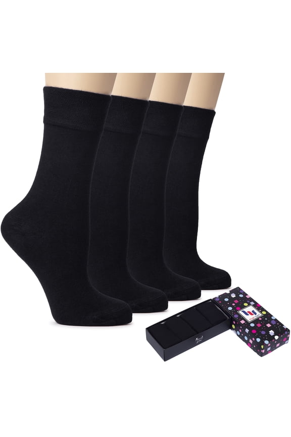Women's Bamboo Thin Crew Socks for Dress Business & Trouser, Seamless Toe, 4 Pairs in Gift Box, Shoe Size 5-8/8-11, Black, Shoe Size: 8-11