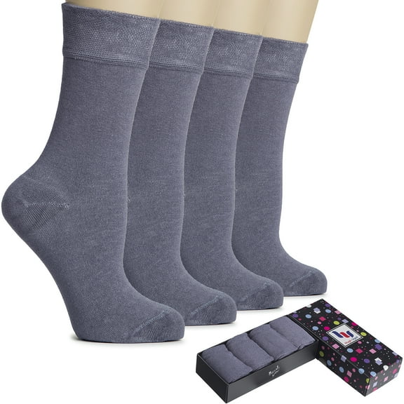 HUGH UGOLI Women's Bamboo Thin Crew Socks for Dress Business & Trouser, Seamless Toe, 4 Pairs in Gift Box, Shoe Size 5-8/8-11, Grey, Shoe Size: 8-11