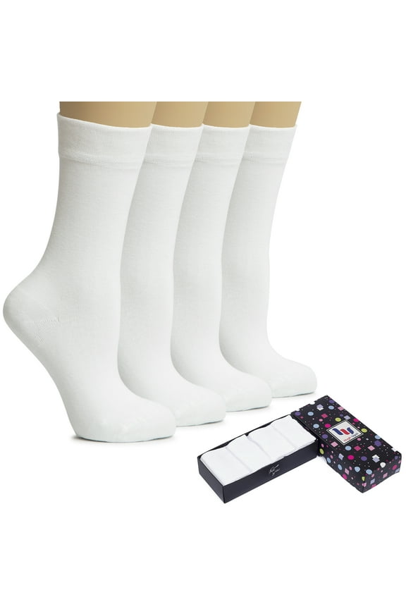 Women's Bamboo Thin Crew Socks for Dress Business & Trouser, Seamless Toe, 4 Pairs in Gift Box, Shoe Size 5-8/8-11, White, Shoe Size: 5-8