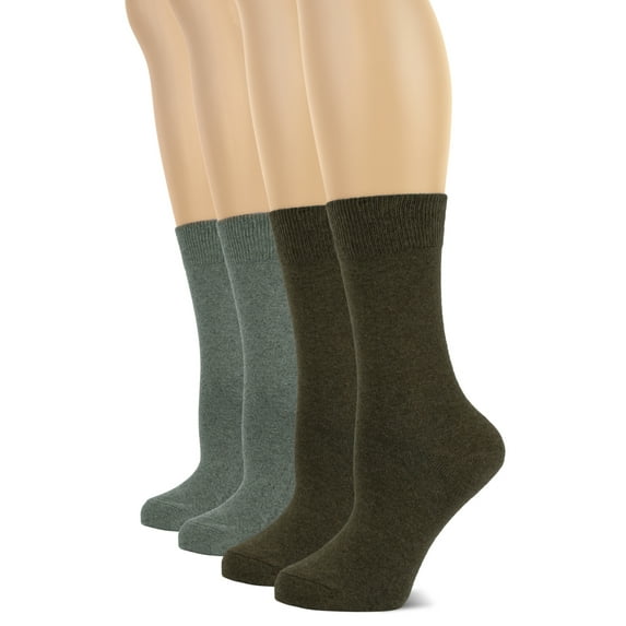 HUGH UGOLI Women's Cotton Crew Socks | Plain Color, Regular Fit, Soft Casual Socks for Trouser, 4 Pairs, Army Green/Gray, Shoe Size: 6-9