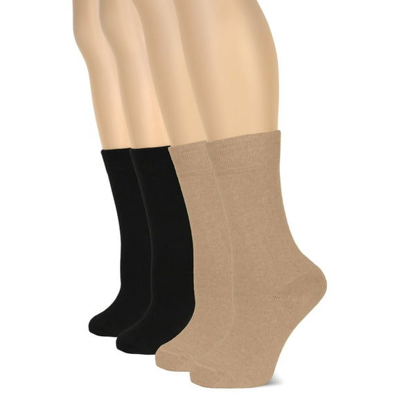 HUGH UGOLI Women's Cotton Crew Socks | Plain Color, Regular Fit, Soft Casual Socks for Trouser, 4 Pairs, Beige/Black, Shoe Size: 6-9