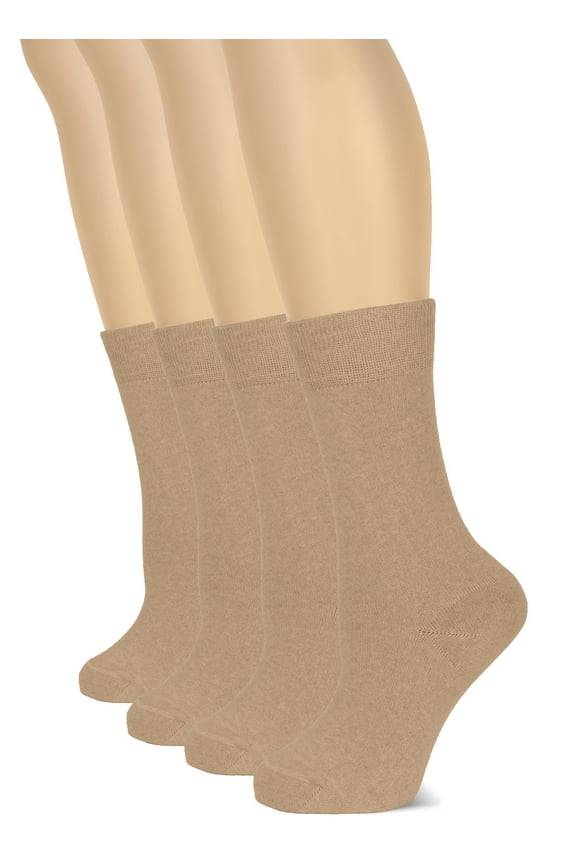 Women's Cotton Crew Socks | Plain Color, Regular Fit, Soft Casual Socks for Trouser, 4 Pairs, Beige, Shoe Size: 6-9
