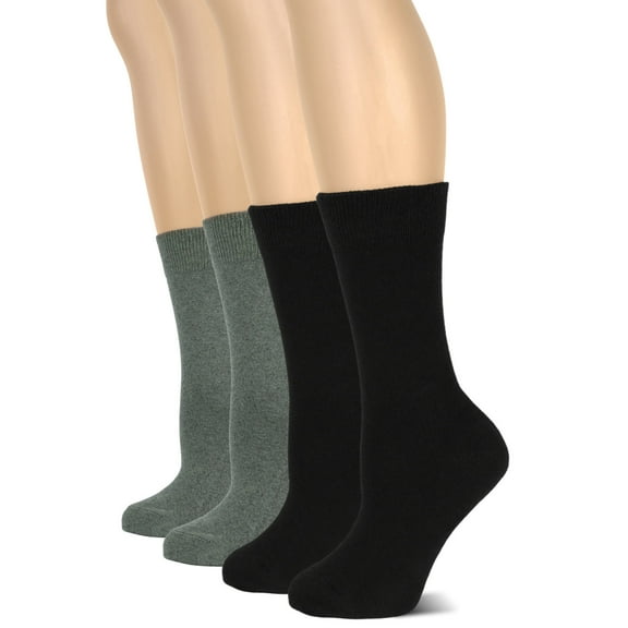 HUGH UGOLI Women's Cotton Crew Socks | Plain Color, Regular Fit, Soft Casual Socks for Trouser, 4 Pairs, Black/Gray, Shoe Size: 6-9