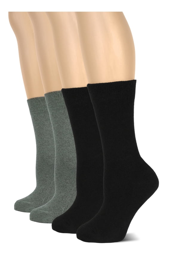 Women's Cotton Crew Socks | Plain Color, Regular Fit, Soft Casual Socks for Trouser, 4 Pairs, Black/Gray, Shoe Size: 6-9