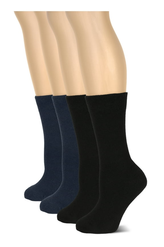 Women's Cotton Crew Socks | Plain Color, Regular Fit, Soft Casual Socks for Trouser, 4 Pairs, Black/Navy Blue, Shoe Size: 6-9