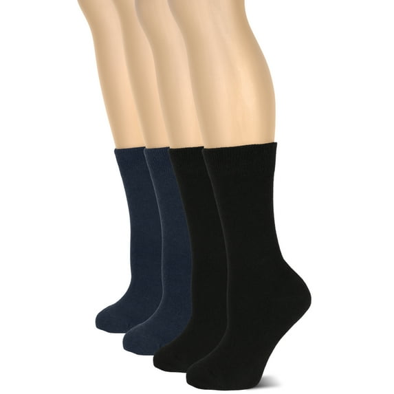 HUGH UGOLI Women's Cotton Crew Socks | Plain Color, Regular Fit, Soft Casual Socks for Trouser, 4 Pairs, Black/Navy Blue, Shoe Size: 6-9