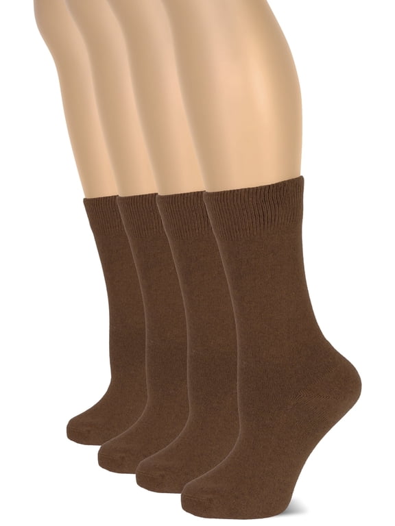 Women's Cotton Crew Socks | Plain Color, Regular Fit, Soft Casual Socks for Trouser, 4 Pairs, Brown, Shoe Size: 6-9