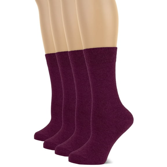 HUGH UGOLI Women's Cotton Crew Socks | Plain Color, Regular Fit, Soft Casual Socks for Trouser, 4 Pairs, Burgundy, Shoe Size: 6-9