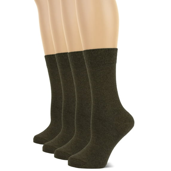 HUGH UGOLI Women's Cotton Crew Socks | Plain Color, Regular Fit, Soft Casual Socks for Trouser, 4 Pairs, Dark Army Green, Shoe Size: 9-12