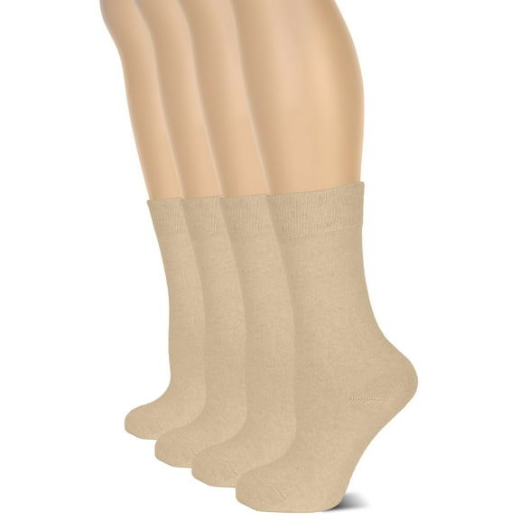 HUGH UGOLI Women's Cotton Crew Socks | Plain Color, Regular Fit, Soft Casual Socks for Trouser, 4 Pairs, Light Beige, Shoe Size: 6-9