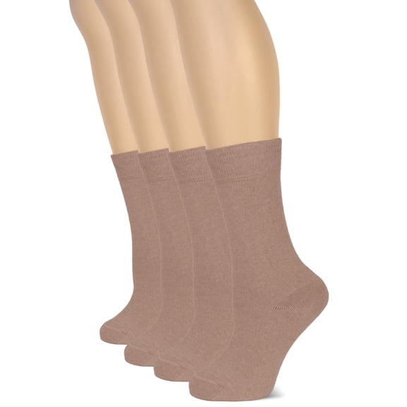 HUGH UGOLI Women's Cotton Crew Socks | Plain Color, Regular Fit, Soft Casual Socks for Trouser, 4 Pairs, Light Coffee, Shoe Size: 9-12