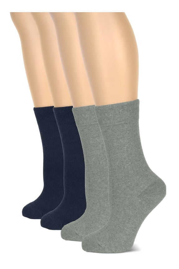 Women's Cotton Crew Socks | Plain Color, Regular Fit, Soft Casual Socks for Trouser, 4 Pairs, Light Gray/Navy Blue, Shoe Size: 6-9