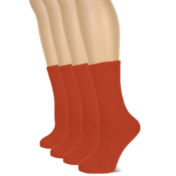 HUGH UGOLI Women's Cotton Crew Socks | Plain Color, Regular Fit, Soft Casual Socks for Trouser, 4 Pairs, Orange/Dark Red, Shoe Size: 6-9