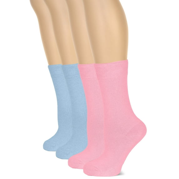 HUGH UGOLI Women's Cotton Crew Socks | Plain Color, Regular Fit, Soft Casual Socks for Trouser, 4 Pairs, Pink/Blue, Shoe Size: 9-12