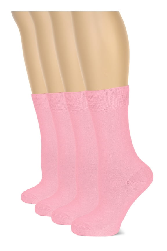Women's Cotton Crew Socks | Plain Color, Regular Fit, Soft Casual Socks for Trouser, 4 Pairs, Pink, Shoe Size: 6-9