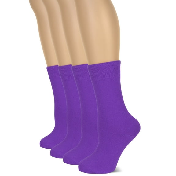 HUGH UGOLI Women's Cotton Crew Socks | Plain Color, Regular Fit, Soft Casual Socks for Trouser, 4 Pairs, Purple, Shoe Size: 6-9