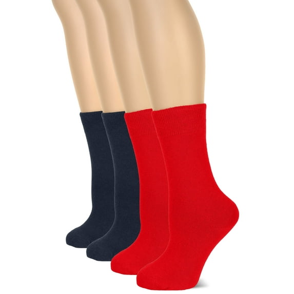 HUGH UGOLI Women's Cotton Crew Socks | Plain Color, Regular Fit, Soft Casual Socks for Trouser, 4 Pairs, Red/Navy Blue, Shoe Size: 6-9