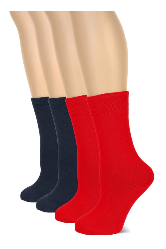 Women's Cotton Crew Socks | Plain Color, Regular Fit, Soft Casual Socks for Trouser, 4 Pairs, Red/Navy Blue, Shoe Size: 9-12