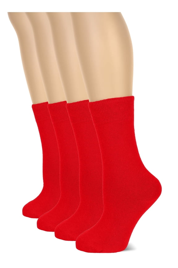 Women's Cotton Crew Socks | Plain Color, Regular Fit, Soft Casual Socks for Trouser, 4 Pairs, Red, Shoe Size: 6-9