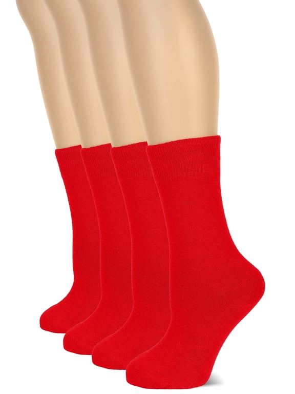 Women's Cotton Crew Socks | Plain Color, Regular Fit, Soft Casual Socks for Trouser, 4 Pairs, Red, Shoe Size: 9-12