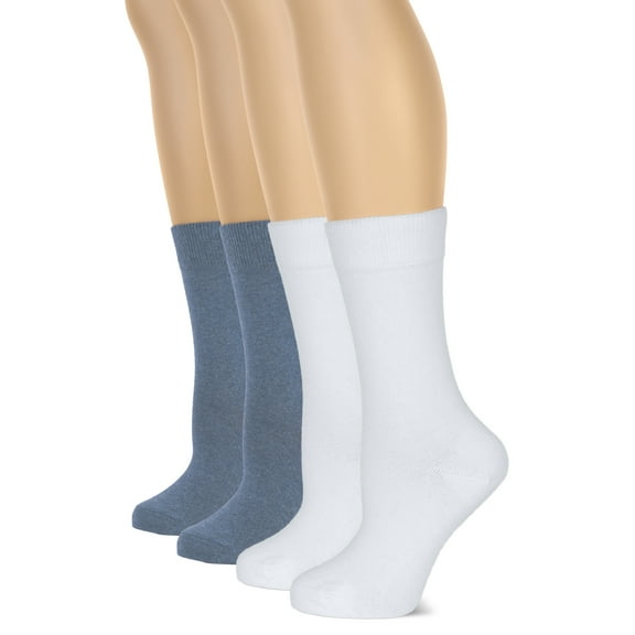 HUGH UGOLI Women's Cotton Crew Socks | Plain Color, Regular Fit, Soft Casual Socks for Trouser, 4 Pairs, White/Indigo, Shoe Size: 6-9