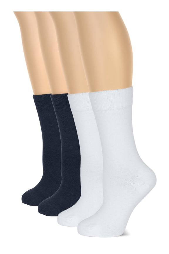 Women's Cotton Crew Socks | Plain Color, Regular Fit, Soft Casual Socks for Trouser, 4 Pairs, White/Navy Blue, Shoe Size: 9-12