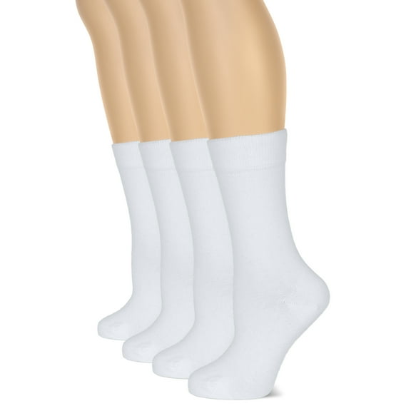 HUGH UGOLI Women's Cotton Crew Socks | Plain Color, Regular Fit, Soft Casual Socks for Trouser, 4 Pairs, White, Shoe Size: 6-9