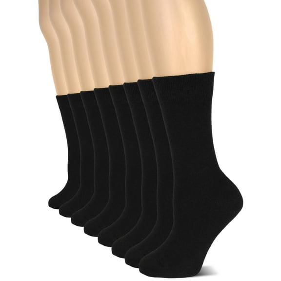Hugh Ugoli Women's Cotton Crew Socks | Plain Color, Regular Fit, Soft Casual Socks for Trouser, 8 Pairs, Black, Shoe Size: 9-12