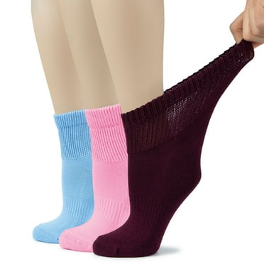 HUGH UGOLI Women's Cotton Diabetic Ankle Socks, Wide, Loose & Stretchy, Seamless Toe & Non Binding Top, 3 Pairs, Blue/Pink/Burgundy, Shoe Size: 9-12