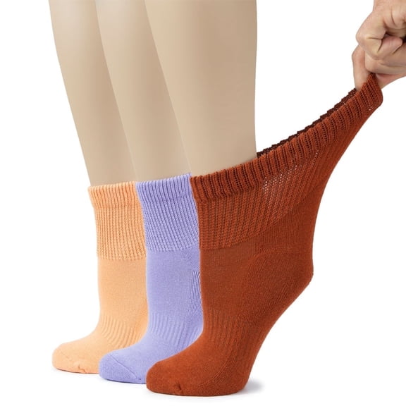 HUGH UGOLI Women's Cotton Diabetic Ankle Socks, Wide, Loose & Stretchy, Seamless Toe & Non Binding Top, 3 Pairs, Peach/Aster Purple/B. Brown, Shoe Size: 9-12
