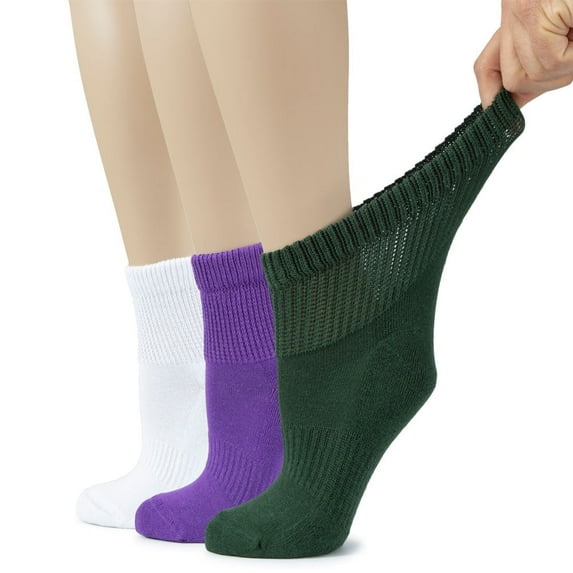 HUGH UGOLI Women's Cotton Diabetic Ankle Socks, Wide, Loose & Stretchy, Seamless Toe & Non Binding Top, 3 Pairs, White/Purple/A. Green, Shoe Size: 9-12