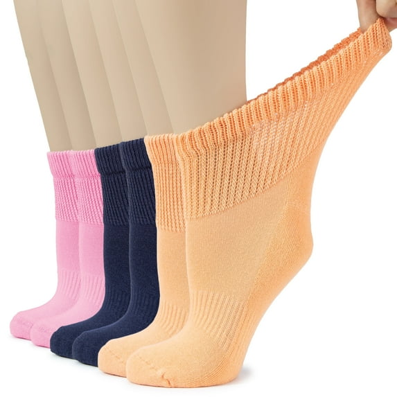 HUGH UGOLI Women's Cotton Diabetic Ankle Socks, Wide, Loose & Stretchy, Seamless Toe & Non Binding Top, 6 Pairs, Pink/N. Blue/Peach, Shoe Size: 6-9