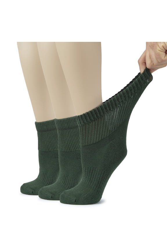 Women's Cotton Diabetic Ankle Socks, Wide, Loose & Stretchy, Seamless Toe & Non Binding Top, Semi Cushion, 3 Pairs, Army Green, Shoe Size: 9-12