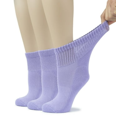HUGH UGOLI Women's Cotton Diabetic Ankle Socks, Wide, Loose & Stretchy, Seamless Toe & Non Binding Top, Semi Cushion, 3 Pairs, Aster Purple, Shoe Size: 9-12