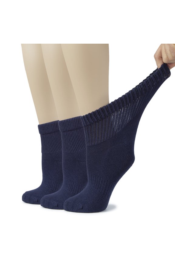Women's Cotton Diabetic Ankle Socks, Wide, Loose & Stretchy, Seamless Toe & Non Binding Top, Semi Cushion, 3 Pairs, Navy Blue, Shoe Size: 6-9