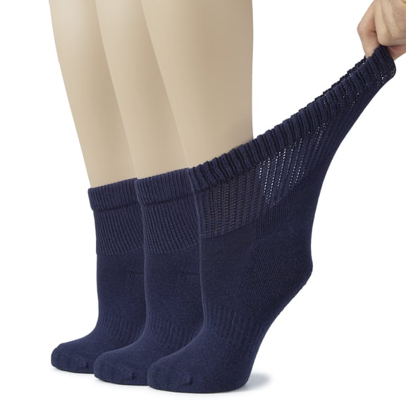 HUGH UGOLI Women's Cotton Diabetic Ankle Socks, Wide, Loose & Stretchy, Seamless Toe & Non Binding Top, Semi Cushion, 3 Pairs, Navy Blue, Shoe Size: 6-9