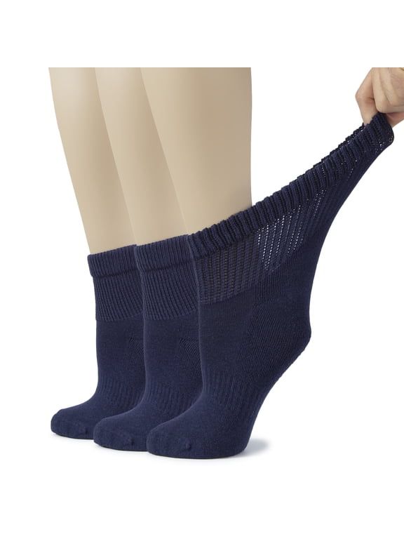 Women's Cotton Diabetic Ankle Socks, Wide, Loose & Stretchy, Seamless Toe & Non Binding Top, Semi Cushion, 3 Pairs, Navy Blue, Shoe Size: 6-9
