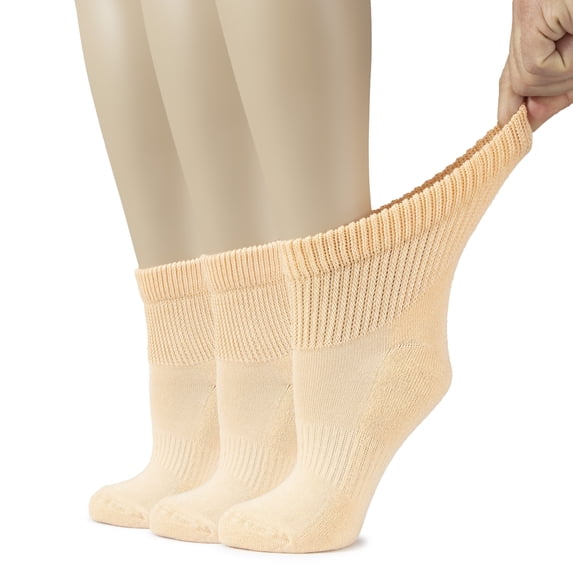 HUGH UGOLI Women's Cotton Diabetic Ankle Socks, Wide, Loose & Stretchy, Seamless Toe & Non Binding Top, Semi Cushion, 3 Pairs, Pastel Peach, Shoe Size: 9-12